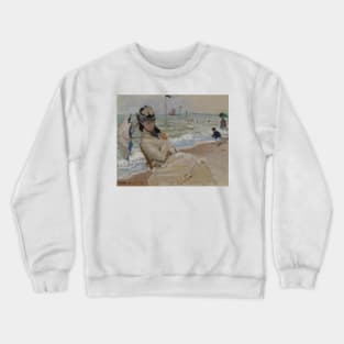 Camille on the Beach in Trouville by Claude Monet Crewneck Sweatshirt
